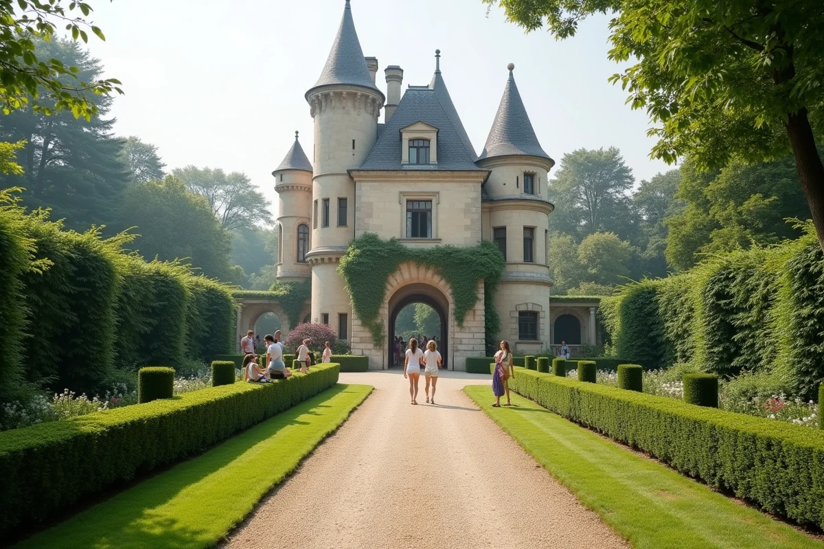 Vue du jardin arrière du Palais Idéal du Facteur Cheval avec chemin en gravier et visiteurs admirant le monument