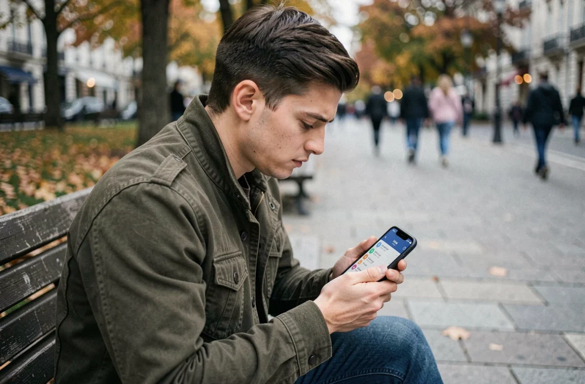 Jeune adulte en extérieur consultant le journal d'appels de son téléphone après un appel d'un numéro gratuit non identifié
