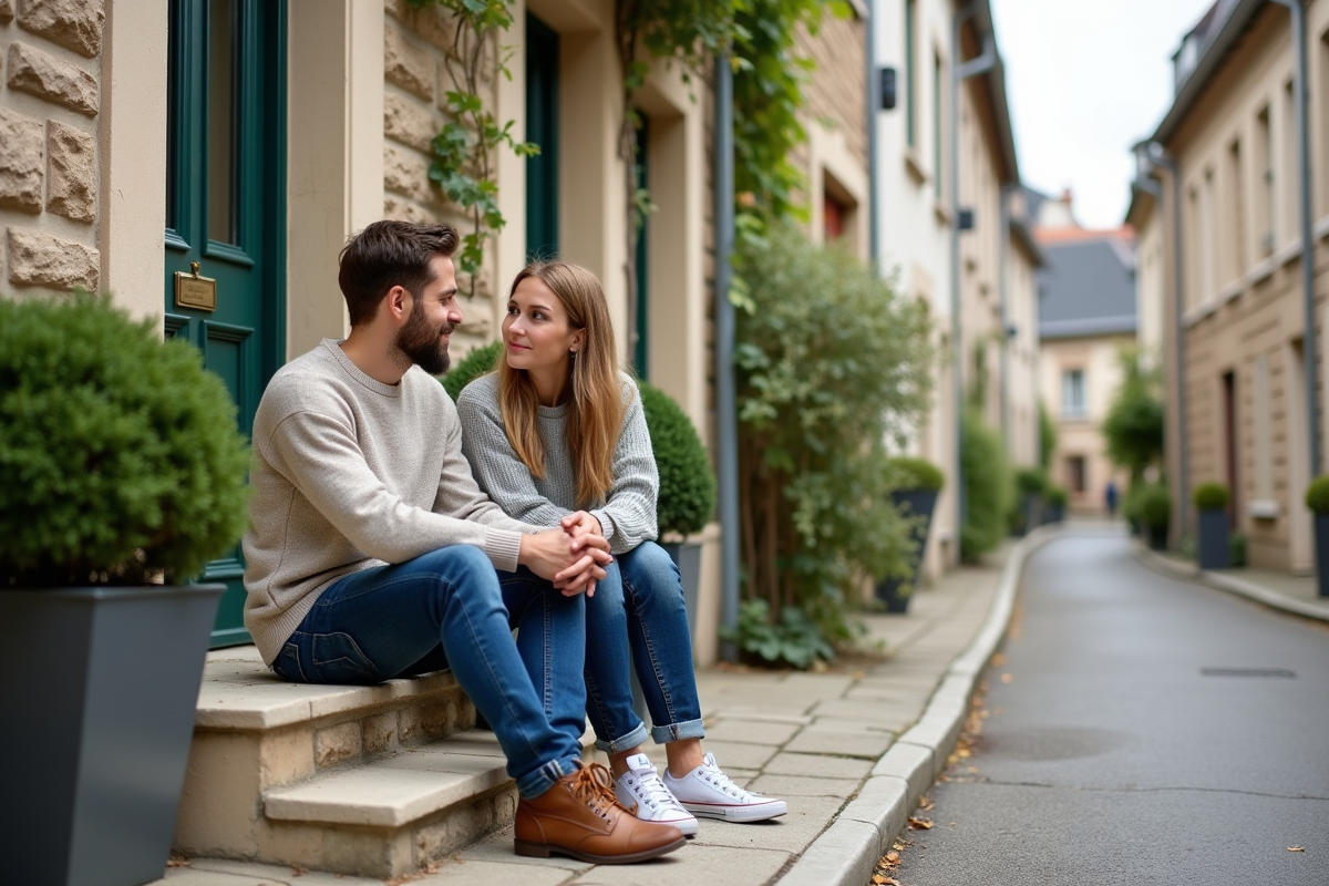 Jeune couple assis devant une maison dans un quartier français