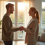 Jeune couple souriant remettant les clés à un propriétaire dans un salon lumineux