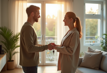 Jeune couple souriant remettant les clés à un propriétaire dans un salon lumineux