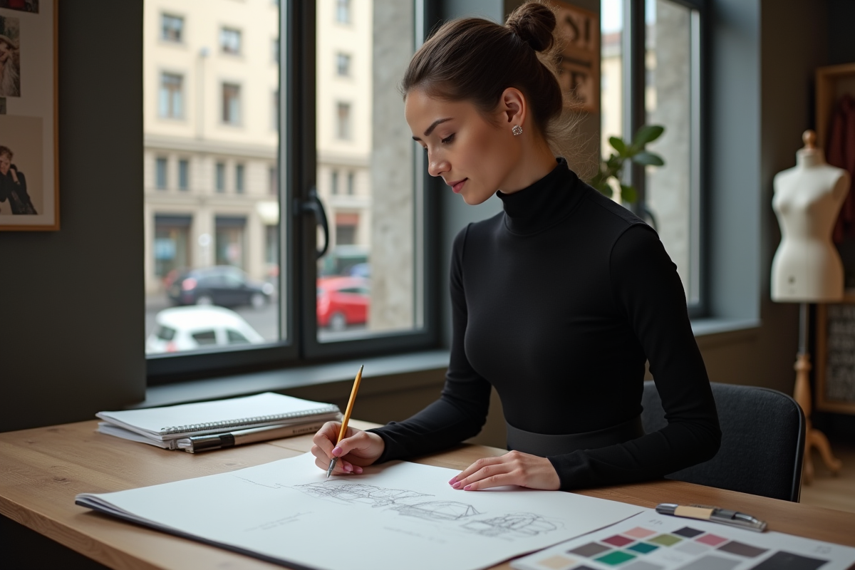 Jeune femme dessinant dans un bureau urbain lumineux
