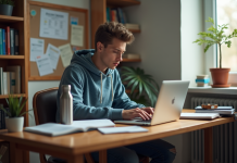Étudiant jeune homme vérifiant ses finances sur un ordinateur portable