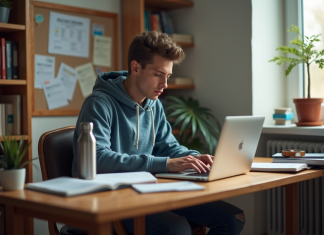 Étudiant : gérer ses finances et réussir financièrement à l’université Étudiant jeune homme vérifiant ses finances sur un ordinateur portable