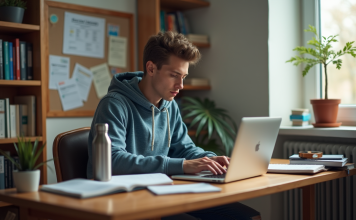 Étudiant : gérer ses finances et réussir financièrement à l’université Étudiant jeune homme vérifiant ses finances sur un ordinateur portable