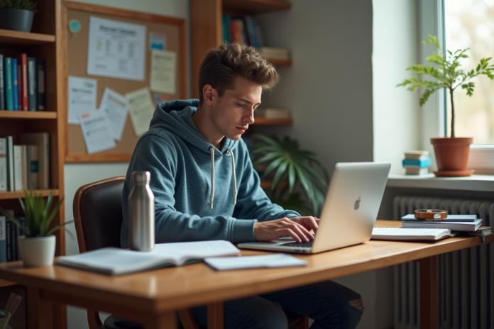 Étudiant jeune homme vérifiant ses finances sur un ordinateur portable