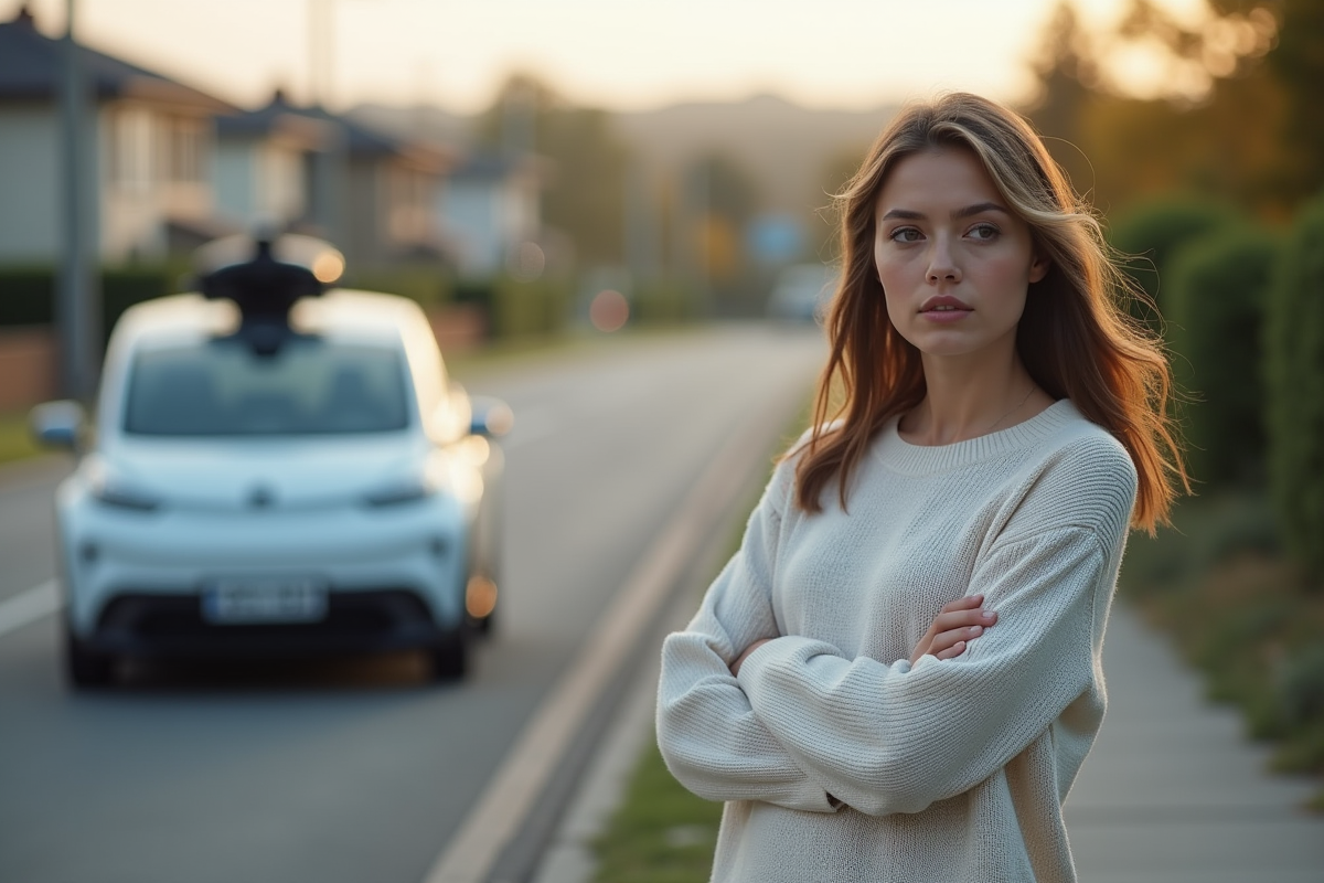Jeune femme observant une voiture autonome au bord de la route