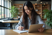 Jeune femme étudiante utilisant une tablette dans un lounge moderne