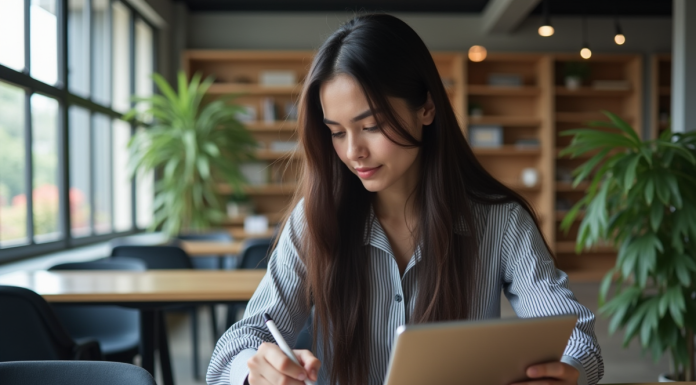 Comment choisir la meilleure tablette Samsung pour étudiants : critères et modèles recommandés Jeune femme étudiante utilisant une tablette dans un lounge moderne