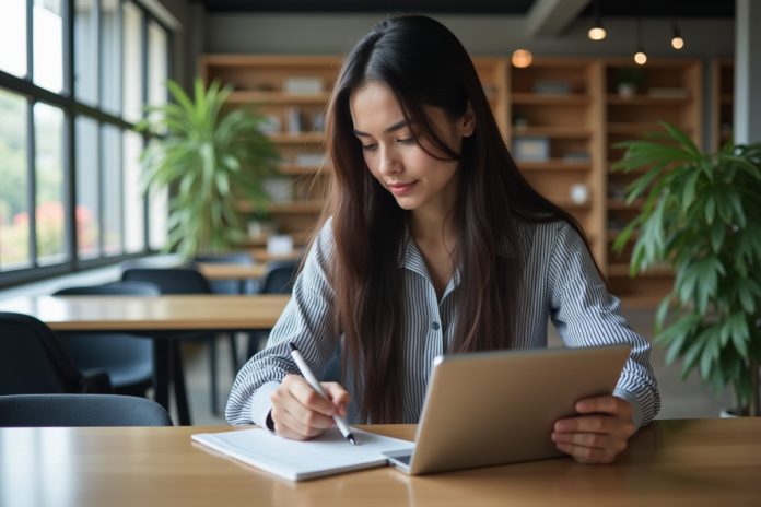 Jeune femme étudiante utilisant une tablette dans un lounge moderne