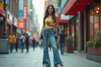 Jeune femme en jeans bootcut et top en mesh dans la ville