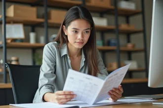 Jeune femme examine un planner au bureau moderne
