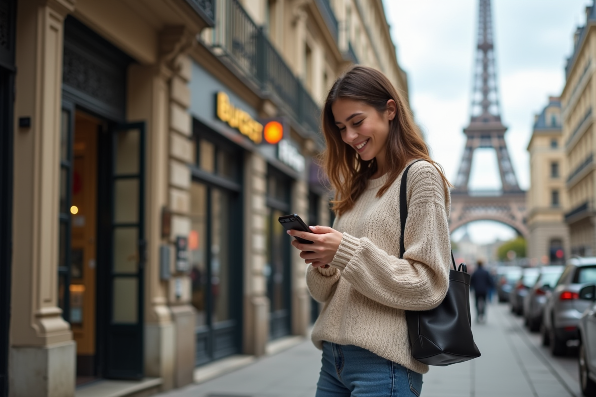Jeune femme souriante dans une rue parisienne devant un hôtel