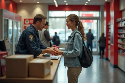 Jeune femme faisant une transaction à la poste en intérieur