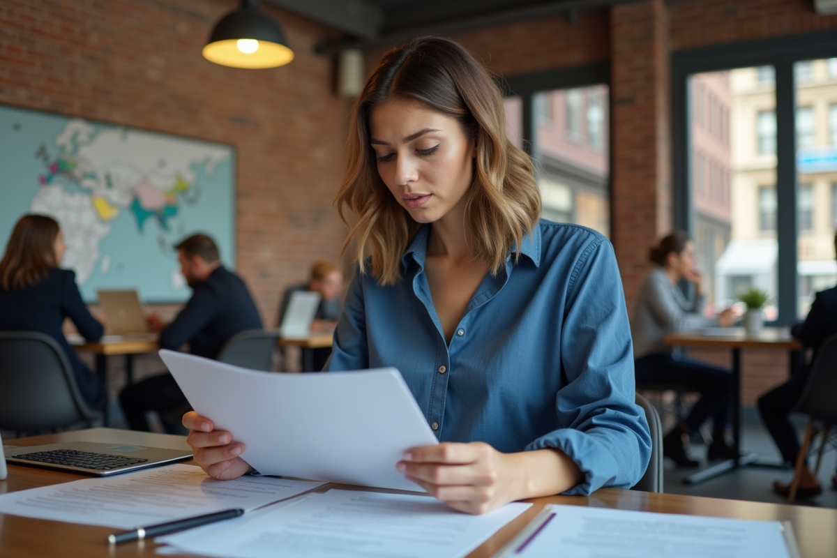 Jeune femme examinant des papiers dans un espace de coworking