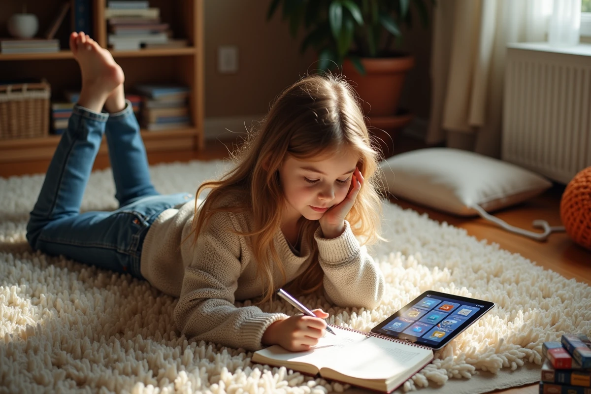 Jeune fille réfléchissant à un puzzle sur tablette dans le salon