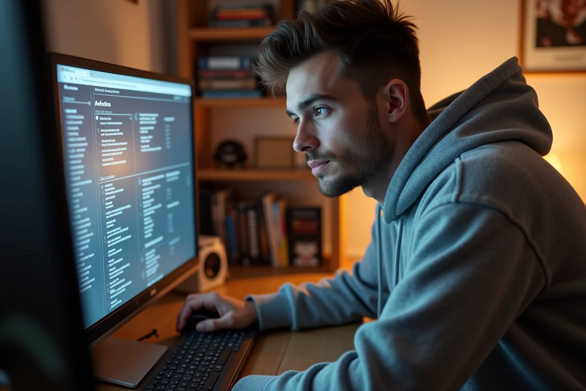 Jeune homme consultant une archive de jeux vidéo sur son ordinateur de bureau à domicile