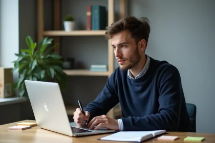 Jeune homme étudiant au bureau avec ordinateur et notes