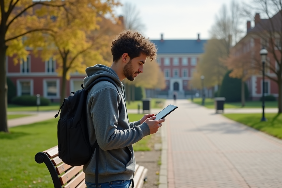 Jeune homme étudiant dehors près d un campus universitaire