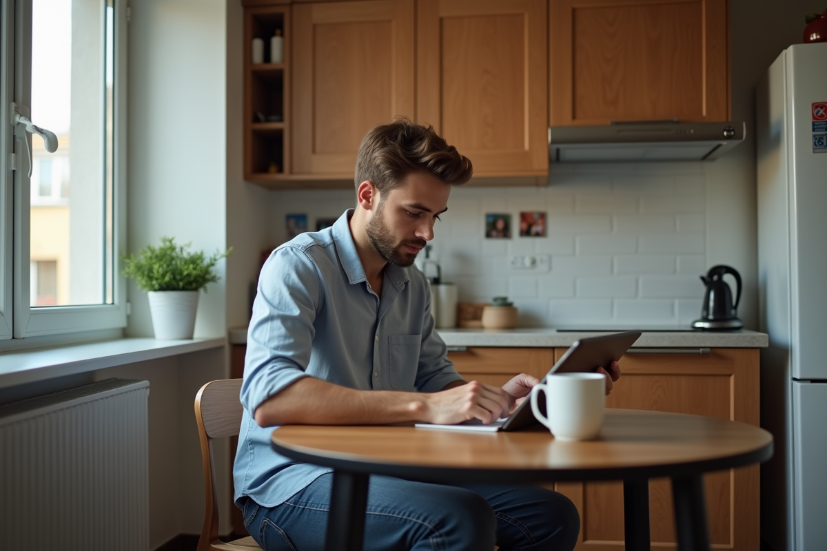 Jeune homme travaillant à distance dans sa cuisine