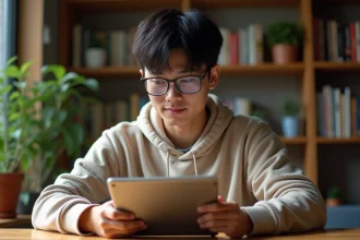 Jeune homme asiatique lisant manga sur tablette à la maison