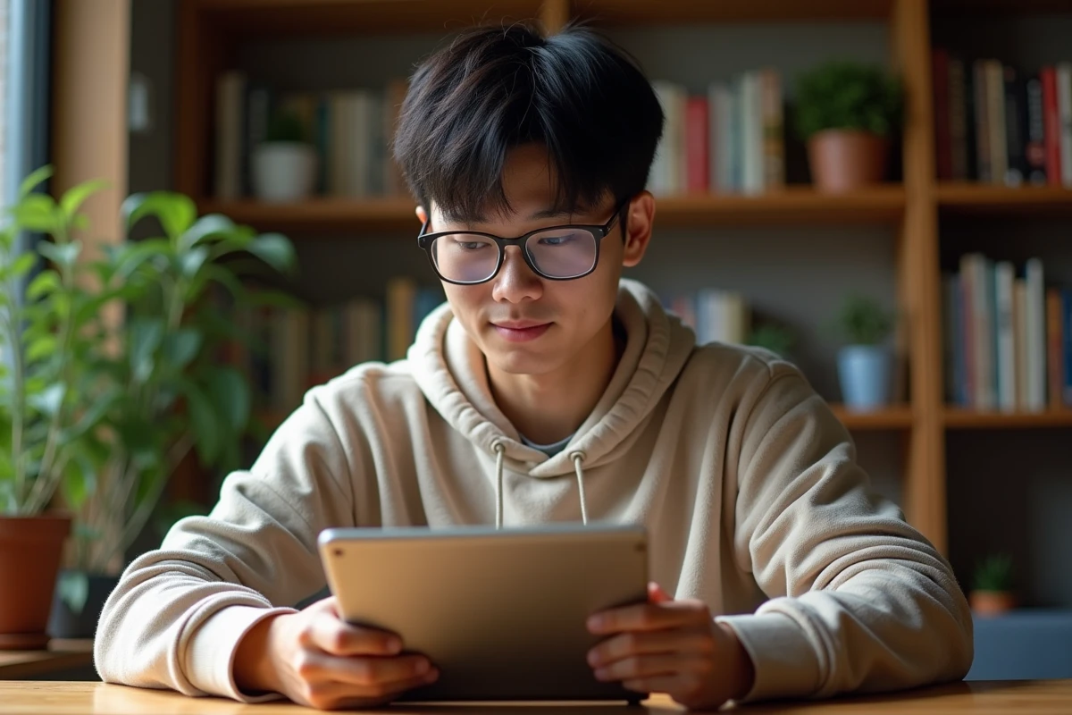 Jeune homme asiatique lisant manga sur tablette à la maison