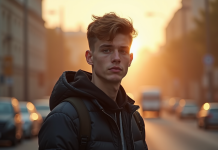 Jeune homme russe dans une rue de Moscou au lever du soleil