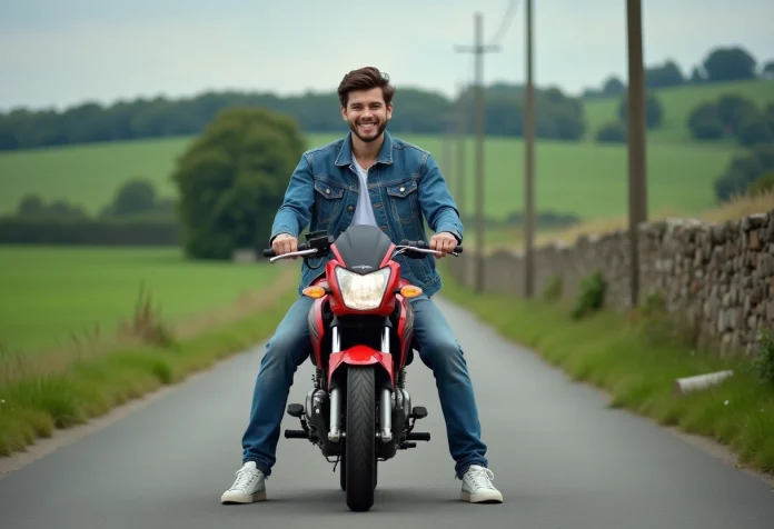 Jeune homme souriant sur une moto Dax Skyteam 50cc en campagne