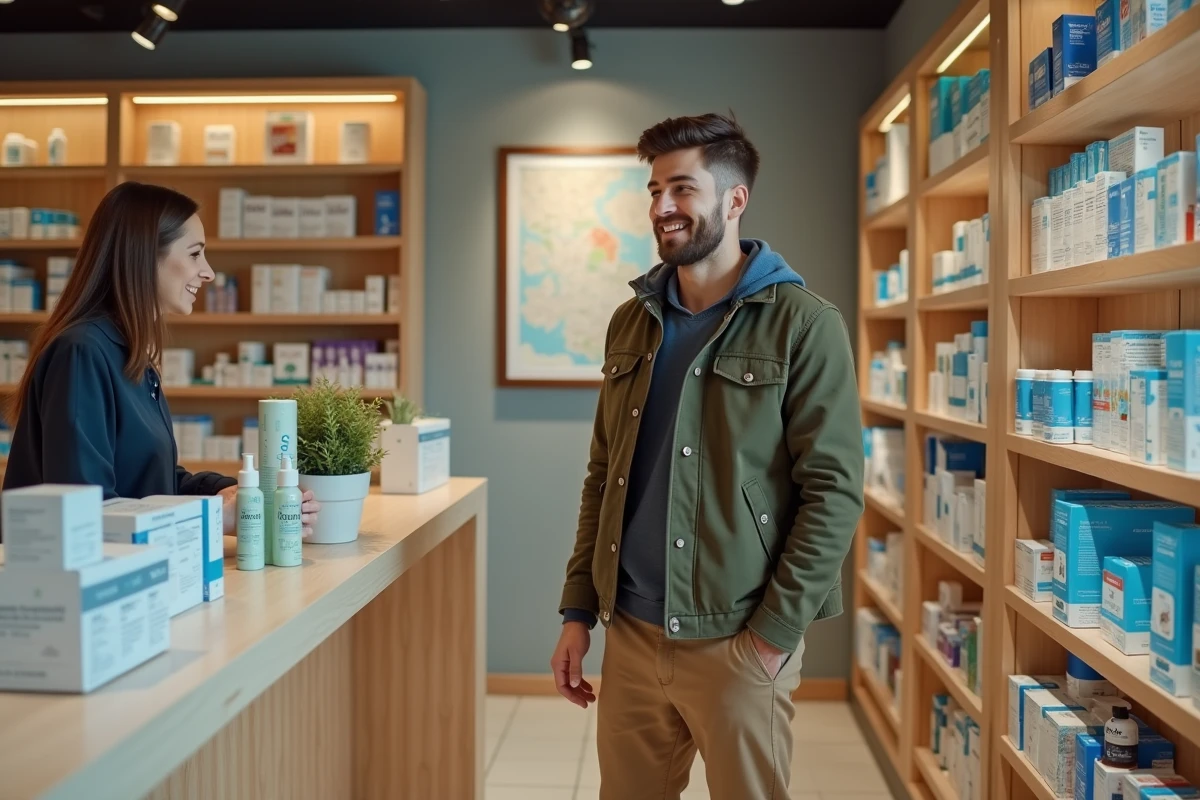 Jeune homme dans pharmacie avec pharmacien à Bordeaux