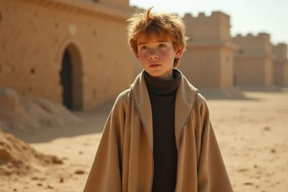 Jeune garçon à cheveux sable dans un paysage désertique