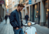 Étude des éléments influençant le tarif des scooters 50 cm³ Jeune homme avec scooter en ville regardant une étiquette