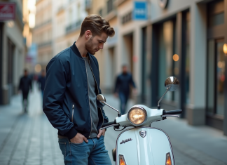 Étude des éléments influençant le tarif des scooters 50 cm³ Jeune homme avec scooter en ville regardant une étiquette