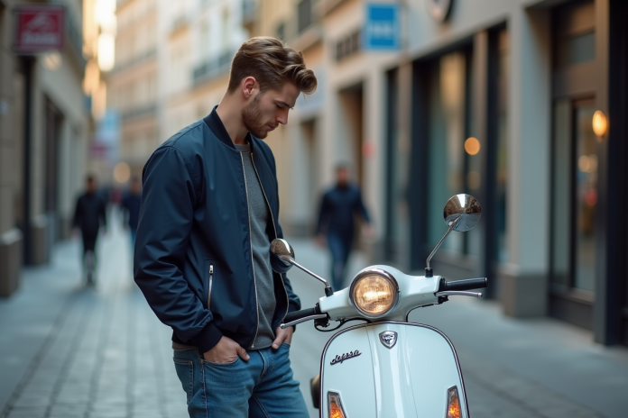 Jeune homme avec scooter en ville regardant une étiquette