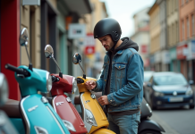 Étude des éléments influençant le tarif des scooters 50 cm³ Jeune homme vérifiant prix de scooters 50cc en ville