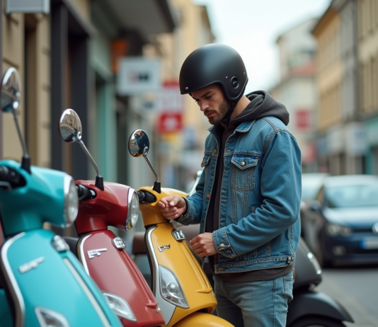 Étude des éléments influençant le tarif des scooters 50 cm³ Jeune homme vérifiant prix de scooters 50cc en ville