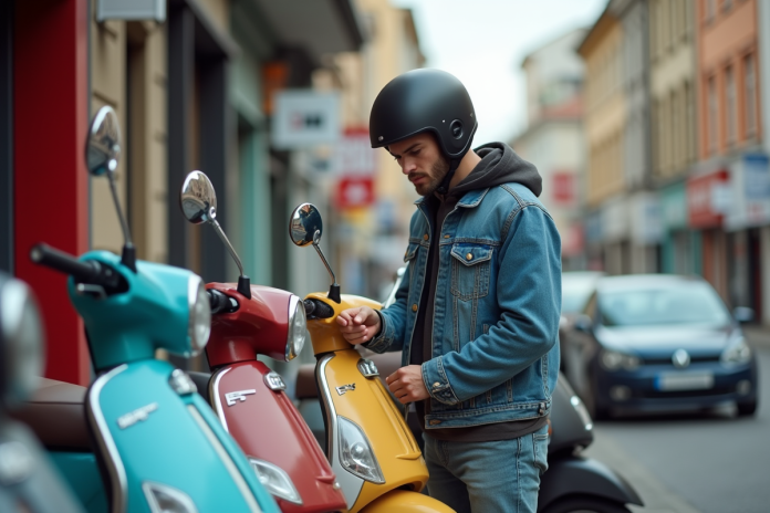 Jeune homme vérifiant prix de scooters 50cc en ville