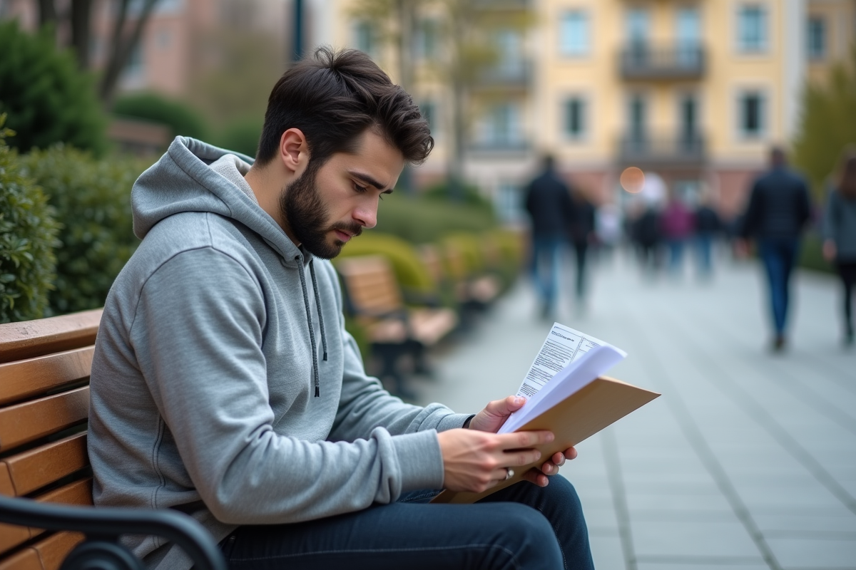 Jeune homme vérifiant des documents en plein air