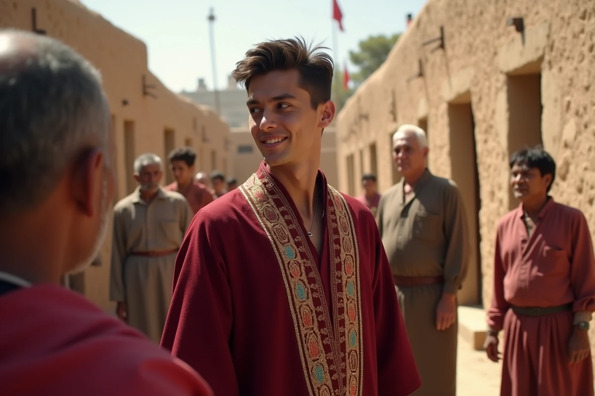 Jeune homme en robe rouge avec village et drapeaux en arrière-plan