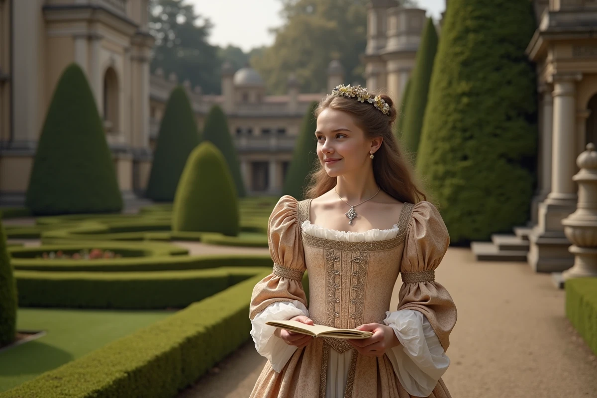 Jeune noble dans un jardin historique tenant une lettre