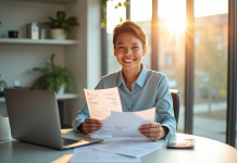 Jeune professionnel souriant avec fiche de paie et calculatrice dans un bureau lumineux