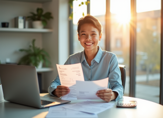 Jeune professionnel souriant avec fiche de paie et calculatrice dans un bureau lumineux