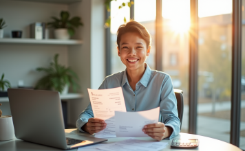 Comment estimer sa paie nette à partir d’un salaire brut de 2000 euros Jeune professionnel souriant avec fiche de paie et calculatrice dans un bureau lumineux