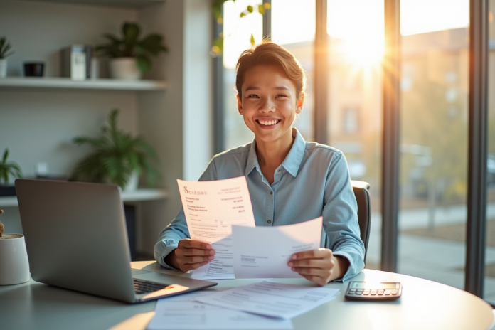 Jeune professionnel souriant avec fiche de paie et calculatrice dans un bureau lumineux