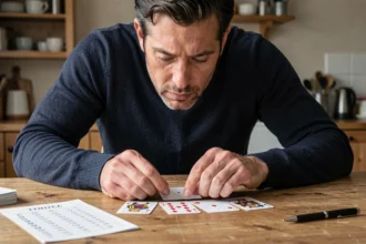 Homme jouant à la coinche avec des cartes françaises sur une table en bois à la maison