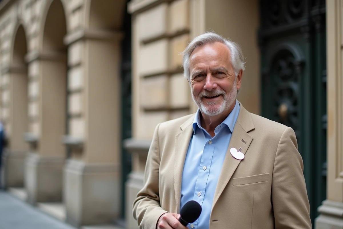 Journaliste de terrain avec microphone devant une façade parisienne, représentant le profil médiatique et éditorial d'Olivier Benkemoun