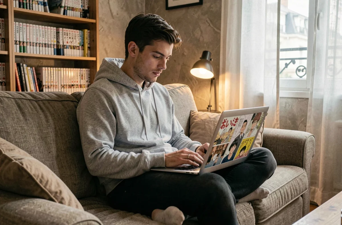 Jeune homme français lisant des scans de manga en français sur un ordinateur portable dans un appartement parisien