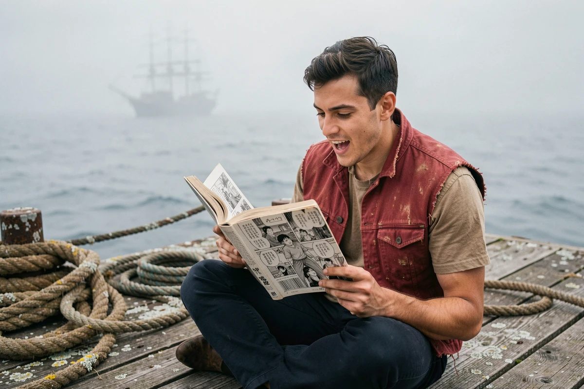 Jeune homme lisant un manga One Piece sur un dock maritime brumeux avec un navire en arrière-plan