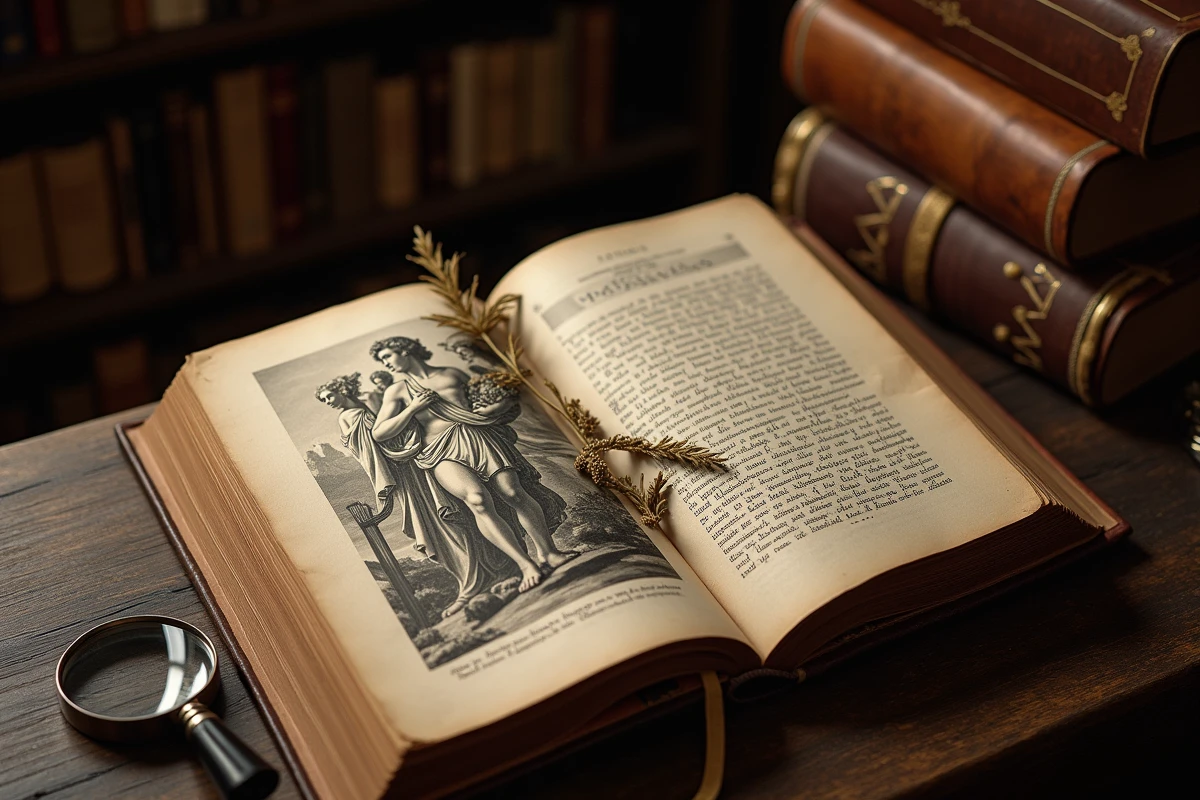 Livre ancien ouvert sur une gravure représentant Apollon et les neuf Muses, posé sur une table en chêne dans une bibliothèque d'archives, évoquant l'héritage culturel de la mythologie grecque