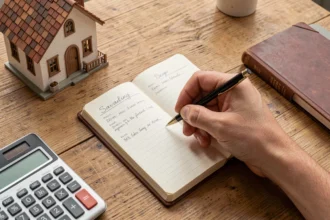 Livret d'épargne, calculatrice et maquette de maison sur un bureau