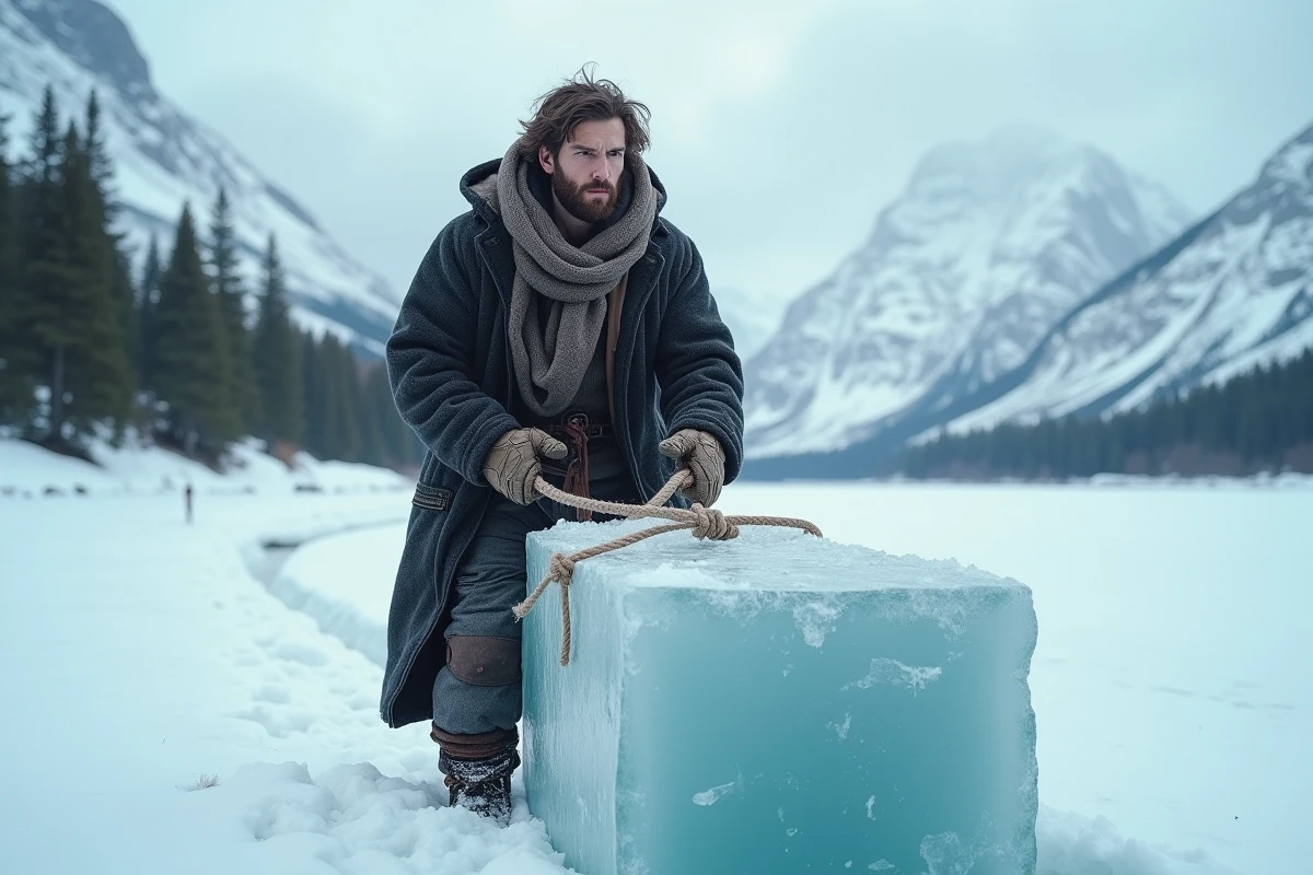 Livreur de glace nordique tirant un bloc de glace dans un paysage enneigé montagneux, évoquant les origines de Kristoff dans l'univers Disney